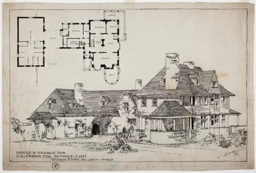Freer Residence、House and Stable、1891年（紙に黒ペンシルの上にペンとインク）